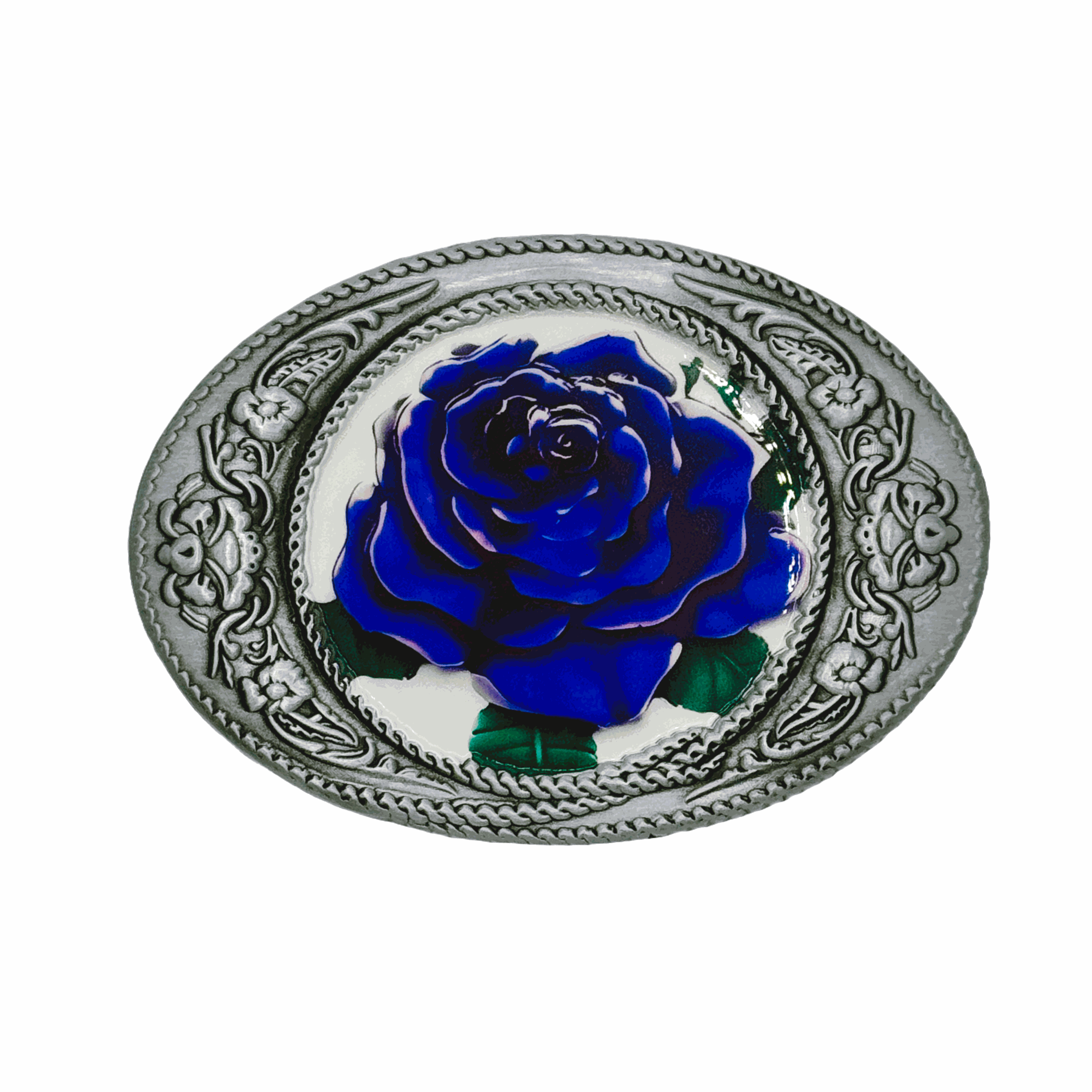 Blue Rose Belt Buckle with 3D Antique Silver Frame and Floral Center