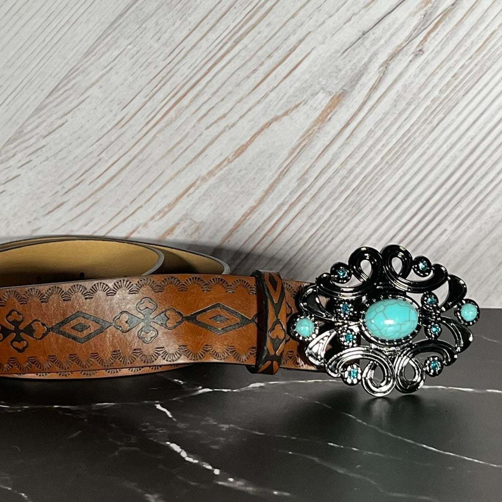 Beautiful brown belt with silver and turquoise buckle