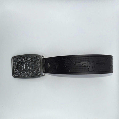 TornSlayer Silver 666 Western Buckle with Black PU Leather Snap-On Belt