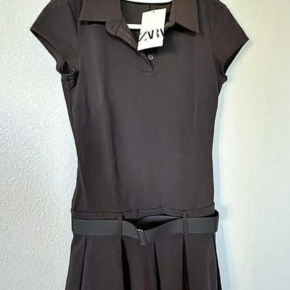 NWT Zara Mini Dress small gray with hunter green layered skirt and belt