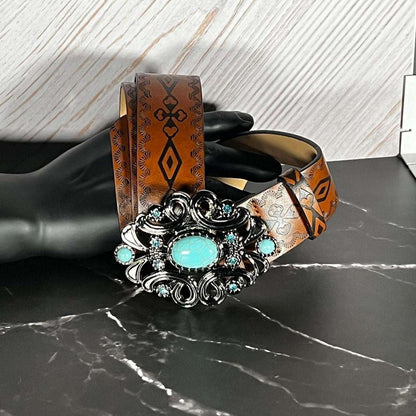 Beautiful brown belt with silver and turquoise buckle