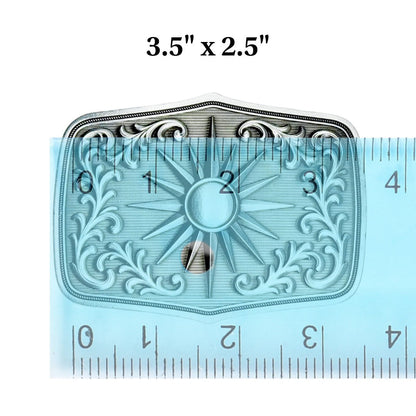 Antique silver boho sunburst belt buckle with floral engravings and western style silhouette