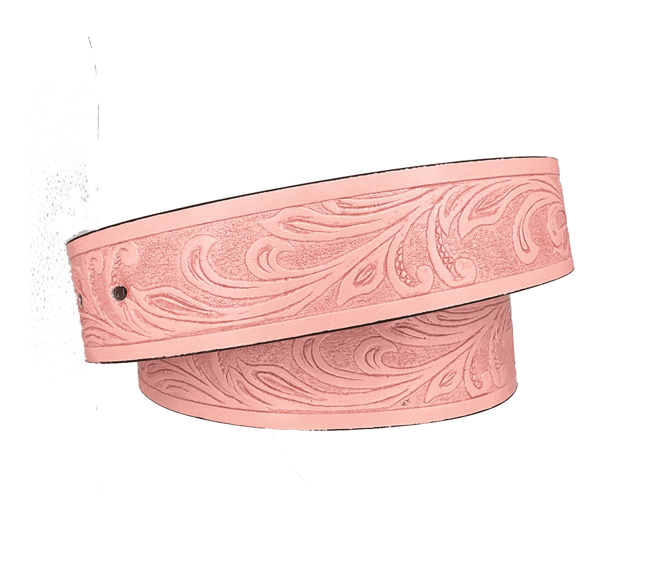 Pink faux leather tooled western belt strap with detailed design and snap-on buckle compatibility.