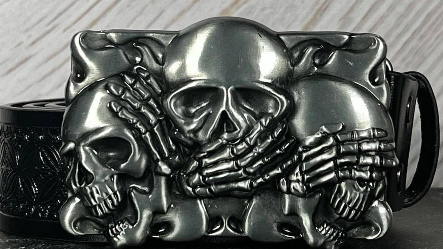 TornSlayer Skull Belt and Buckle: "Three Wise Skulls" - Gothic Punk Faux Leather Belt - UNISEX