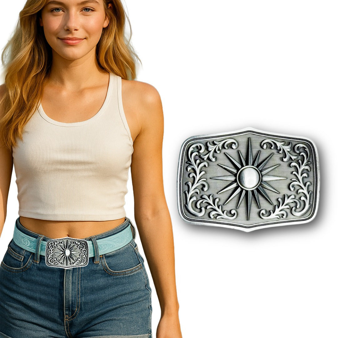 Antique silver boho sunburst belt buckle with floral engravings and western design