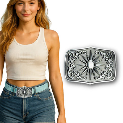 Antique silver boho sunburst belt buckle with floral engravings and western design