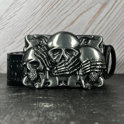 TornSlayer Skull Belt and Buckle: "Three Wise Skulls" - Gothic Punk Faux Leather Belt - UNISEX