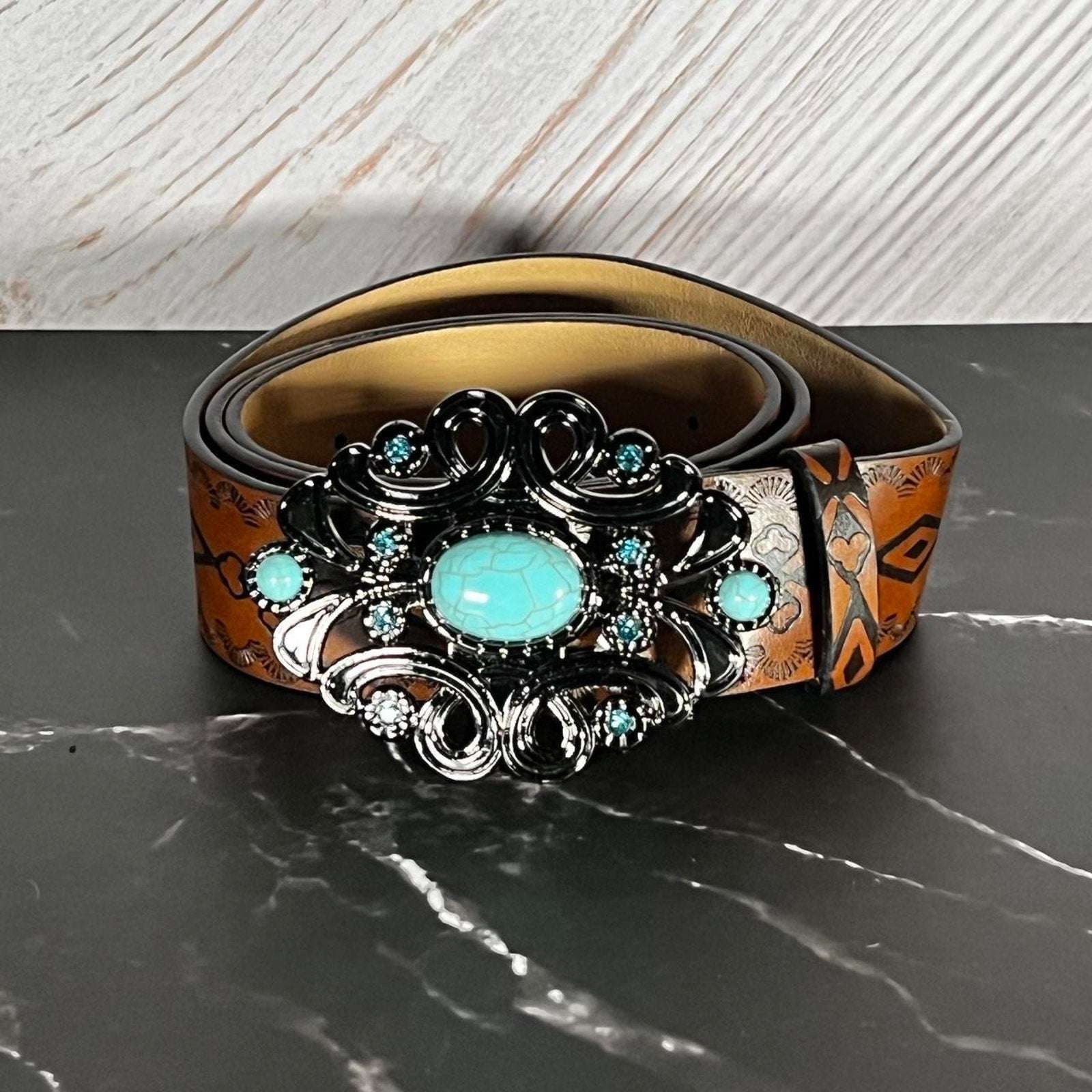 Beautiful brown belt with silver and turquoise buckle
