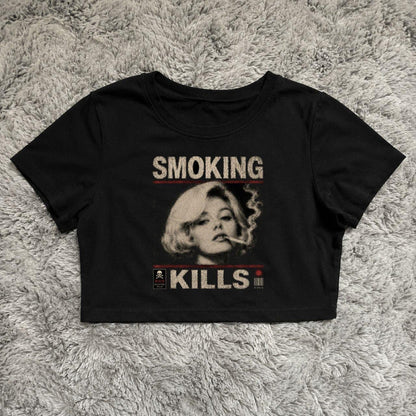 Black Smoking Kills Cropped Boxy Tee with faded vintage graphic and grunge style
