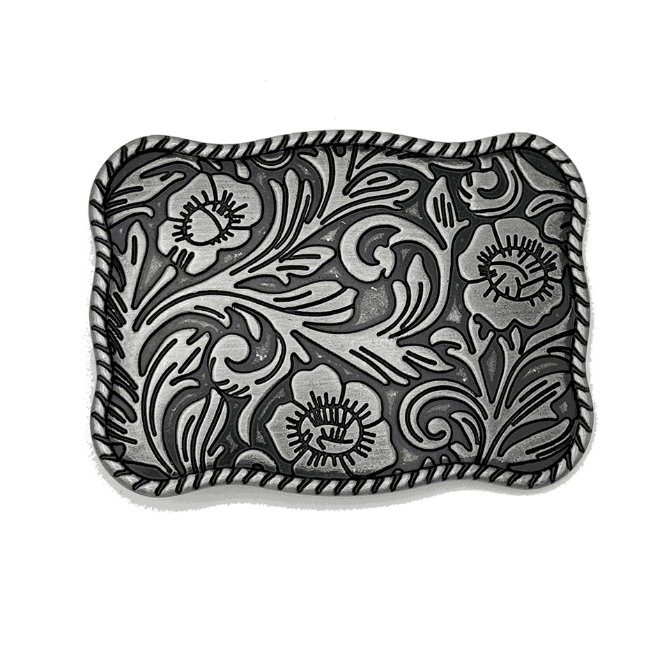 vintage-inspired floral belt buckle with embossed detailing and antique silver-tone finish