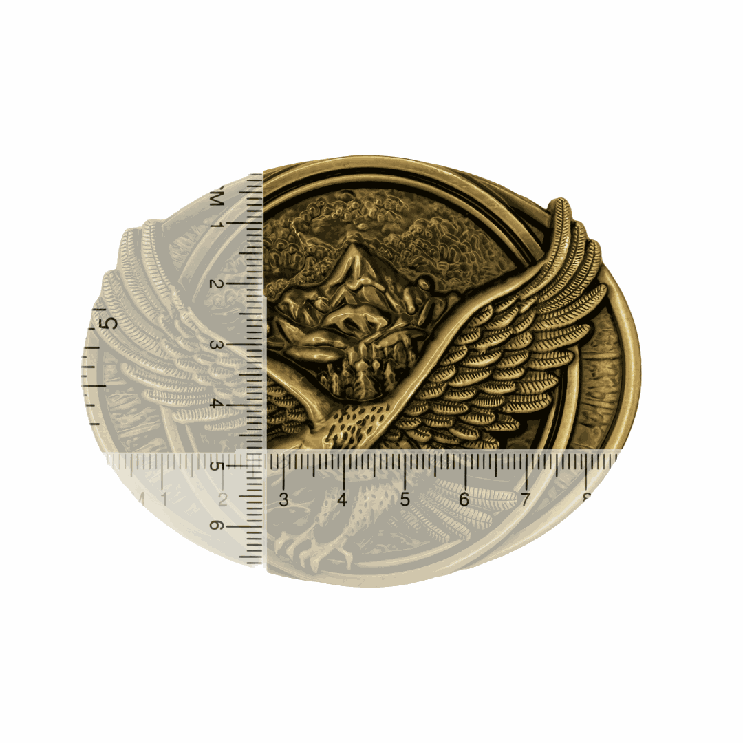 Heavyweight antiqued silver-tone eagle belt buckle with soaring eagle and mountain design