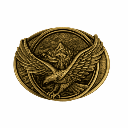 Antiqued silver-tone eagle belt buckle with mountain design and removable hardware