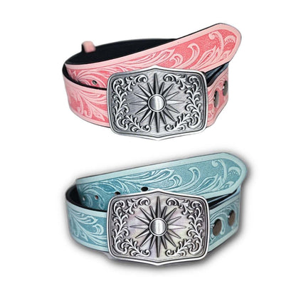 pink western-boho belt with solid sunburst metal buckle and engraved strap design
