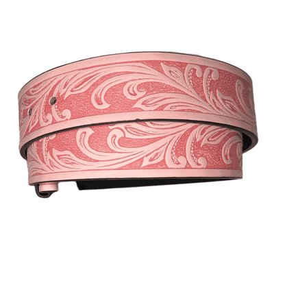 Pink Cowgirl Up Belt with embossed western scroll patterns and animal-friendly faux leather