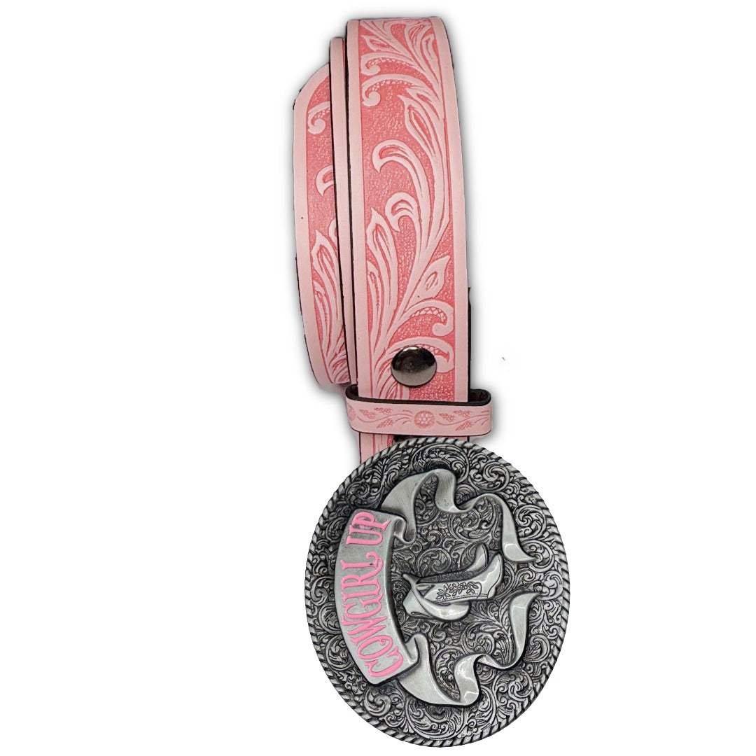Pink Cowgirl Up Belt with embossed western scroll patterns and detailed silver buckle featuring decorative cowboy boots and vibrant pink "Cowgirl Up" lettering