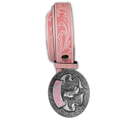 Pink Cowgirl Up Belt with embossed western scroll patterns and detailed silver buckle featuring decorative cowboy boots and vibrant pink "Cowgirl Up" lettering