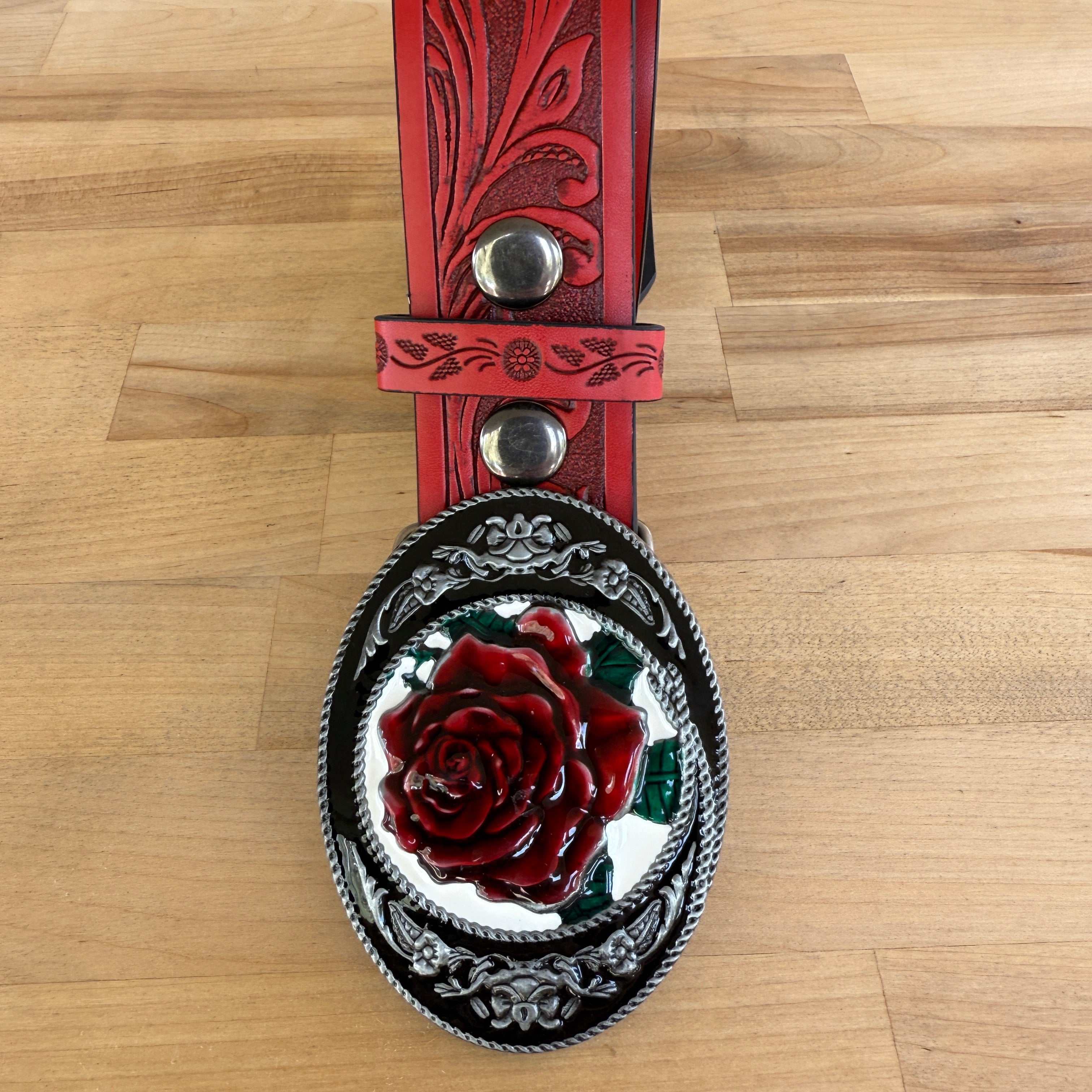 Rose flower belt with red rose design and matching buckle
