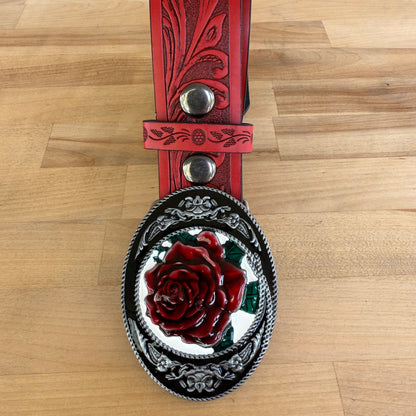 Rose flower belt with red rose design and matching buckle