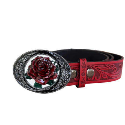 Close-up of red rose flower belt with decorative buckle