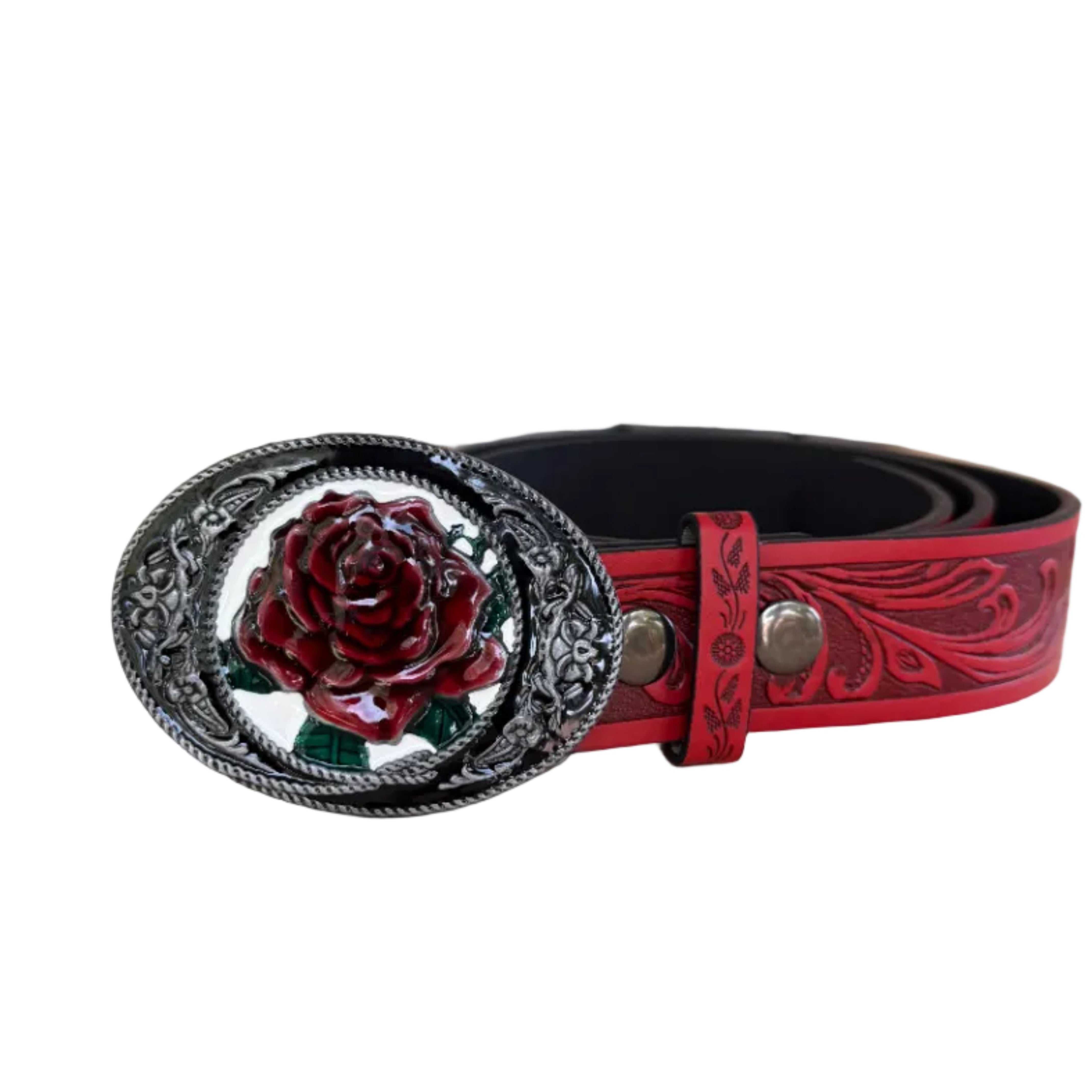 Close-up of red rose flower belt with decorative buckle