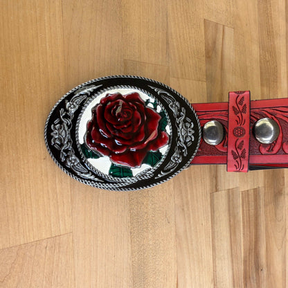 Red rose flower belt with decorative buckle