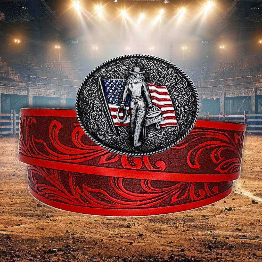 Red tooled faux leather American Crush Western Belt with detailed silver cowgirl and USA flag oval buckle