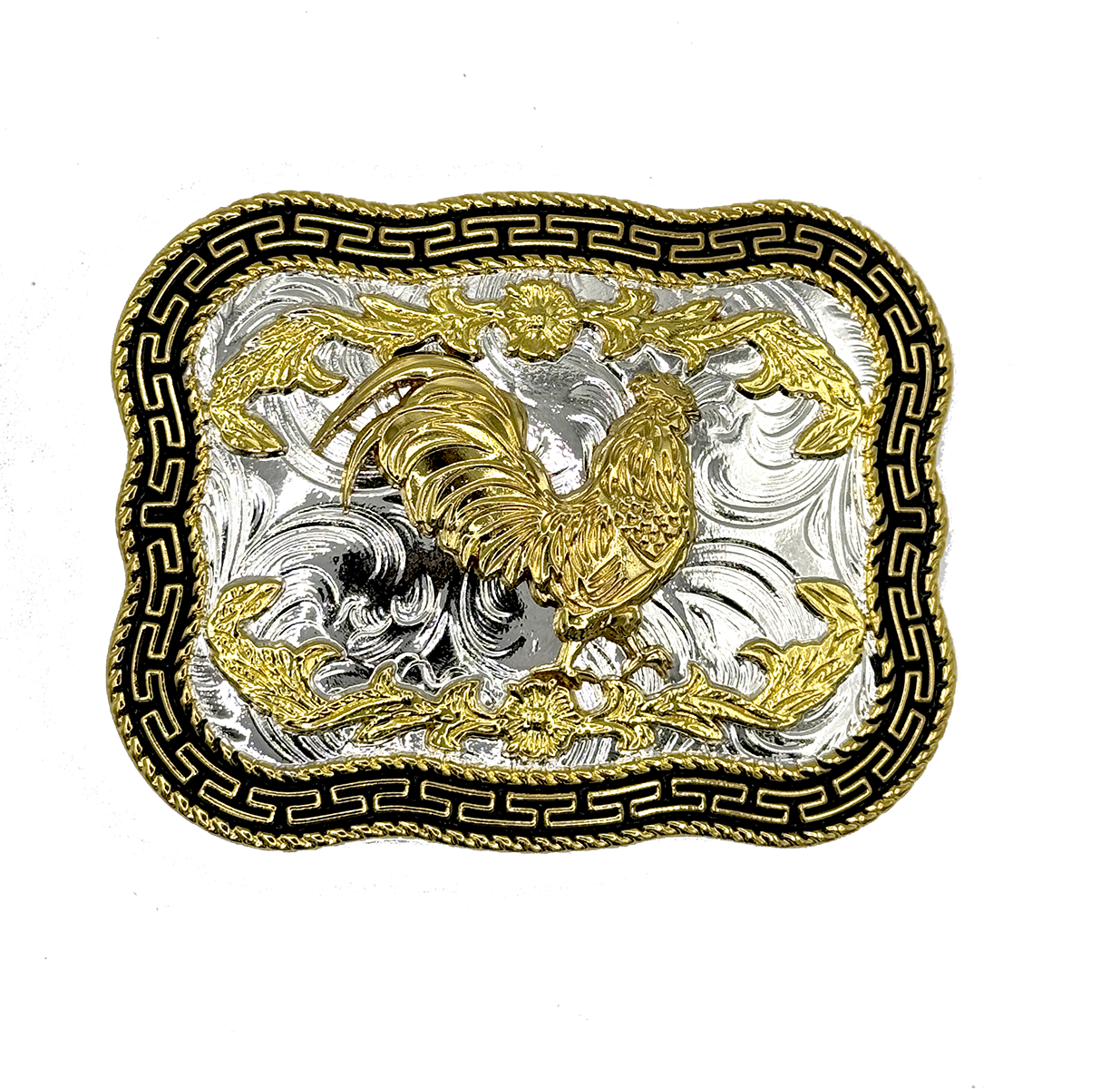 Rooster belt buckle with intricate gold and silver design.