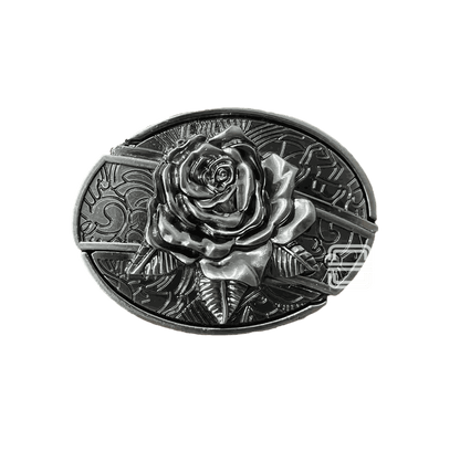 Vintage rose 3d silver belt buckle with gothic style in dark silver.