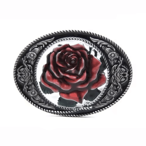 Vintage red rose flower belt buckle in antique silver finish