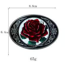 Vintage red rose flower belt buckle with antique silver detailing