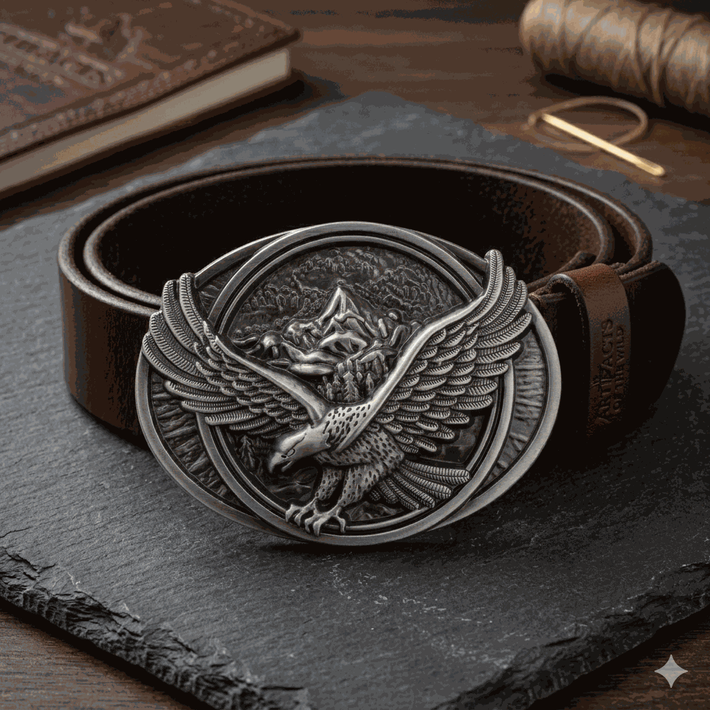 Antiqued silver-tone eagle belt buckle with mountain landscape design, 3.5x2.5-inch oval shape, removable hardware