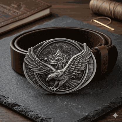 Antiqued silver-tone eagle belt buckle with mountain landscape design, 3.5x2.5-inch oval shape, removable hardware