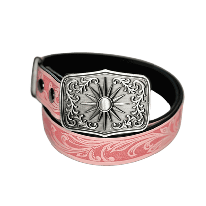 Pink Western-Boho belt with silver sunburst solid metal buckle and decorative embossed strap design