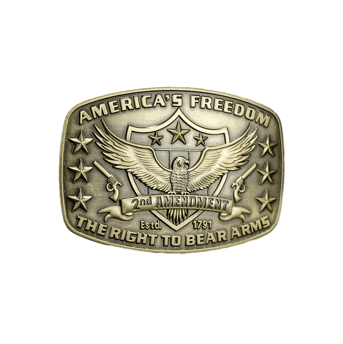 USA Freedom Eagle buckle with 2nd Amendment design in bronze color.