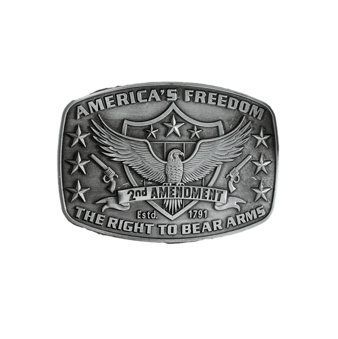 USA Freedom Eagle Buckle with 2nd Amendment design in silver.