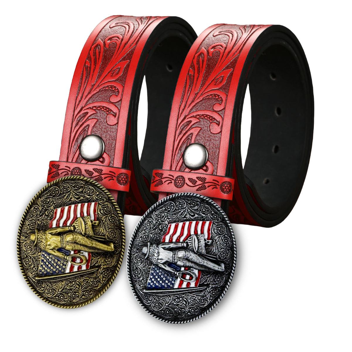 Red Western belt with embossed design and silver cowgirl up buckle, adjustable fit American Crush Western Belt