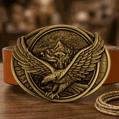Antiqued silver-tone eagle belt buckle with soaring eagle and mountain design